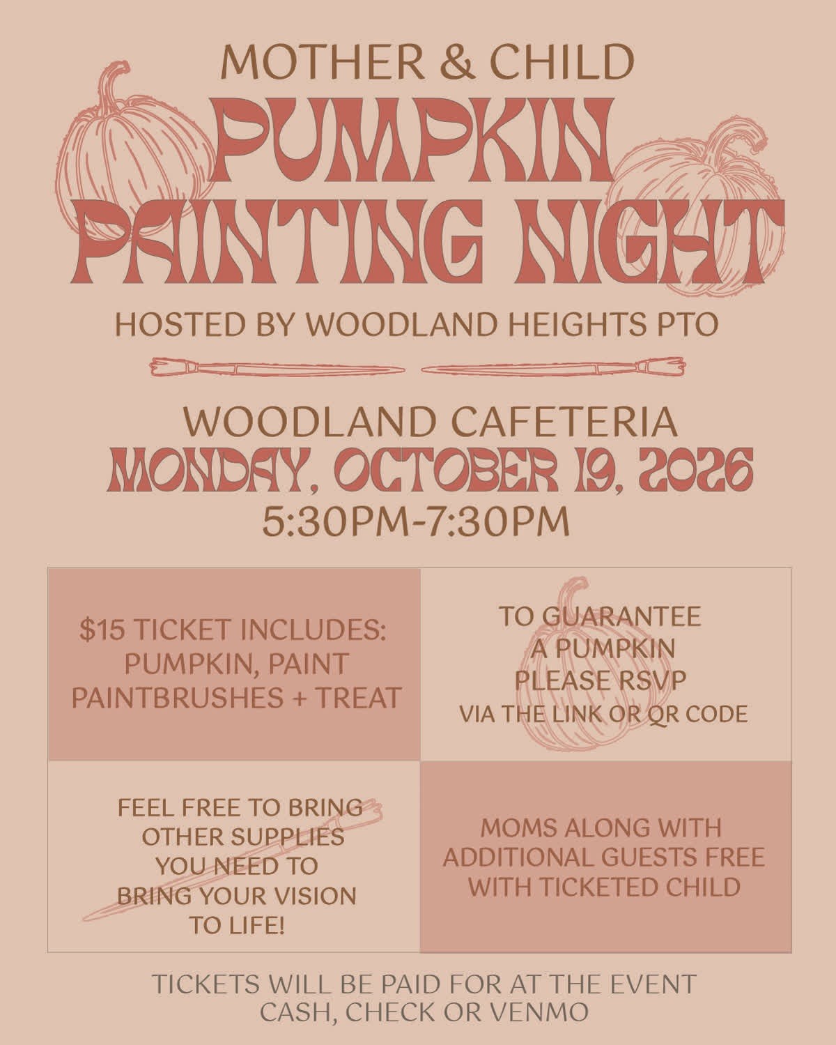 DON'T FORGET - Our WHE PTO Mother Child Pumpkin Painting Night will be held on Monday, October 19th!