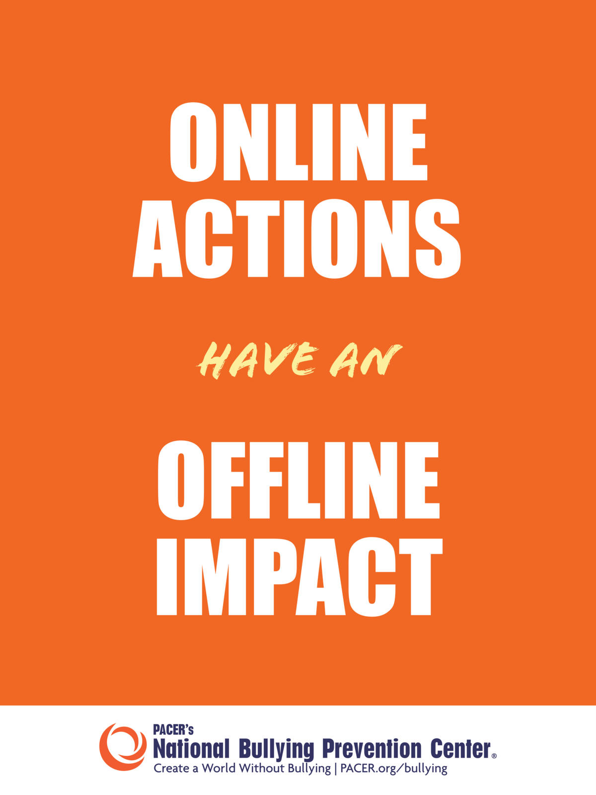 An orange awareness poster with white text reading 'ONLINE ACTIONS HAVE AN OFFLINE IMPACT'.