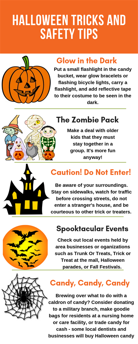 An infographic titled Halloween Tricks and Safety Tips with advice on glow-in-the-dark gear, group safety, traffic awareness, local events, and candy donation.