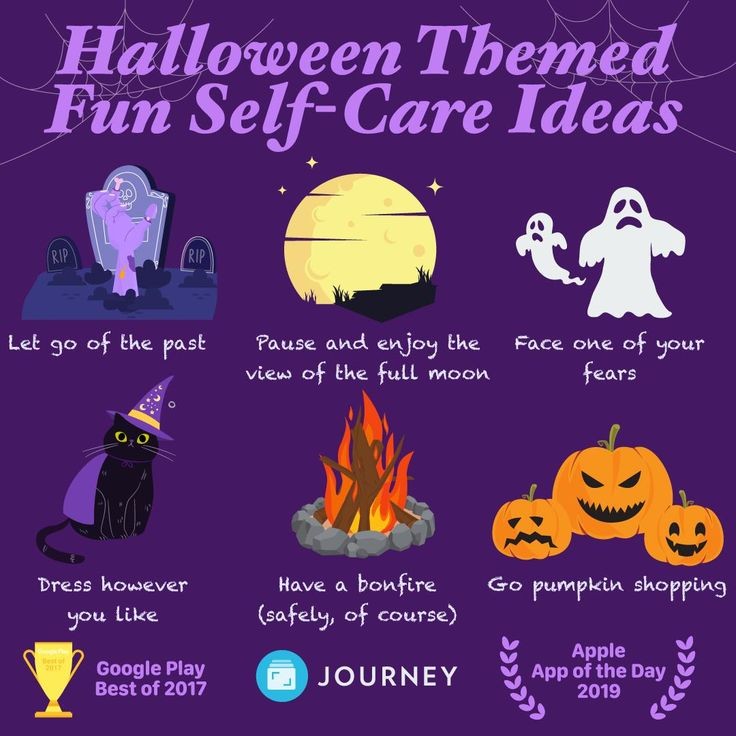 A purple infographic titled 'Halloween Themed Fun Self-Care Ideas' featuring icons like a zombie hand, full moon, ghosts, black cat, bonfire, and pumpkins.