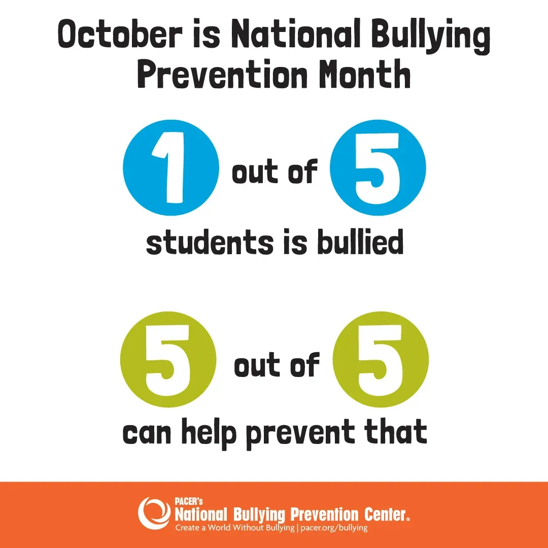 An infographic stating that October is National Bullying Prevention Month, with statistics on bullying and prevention.