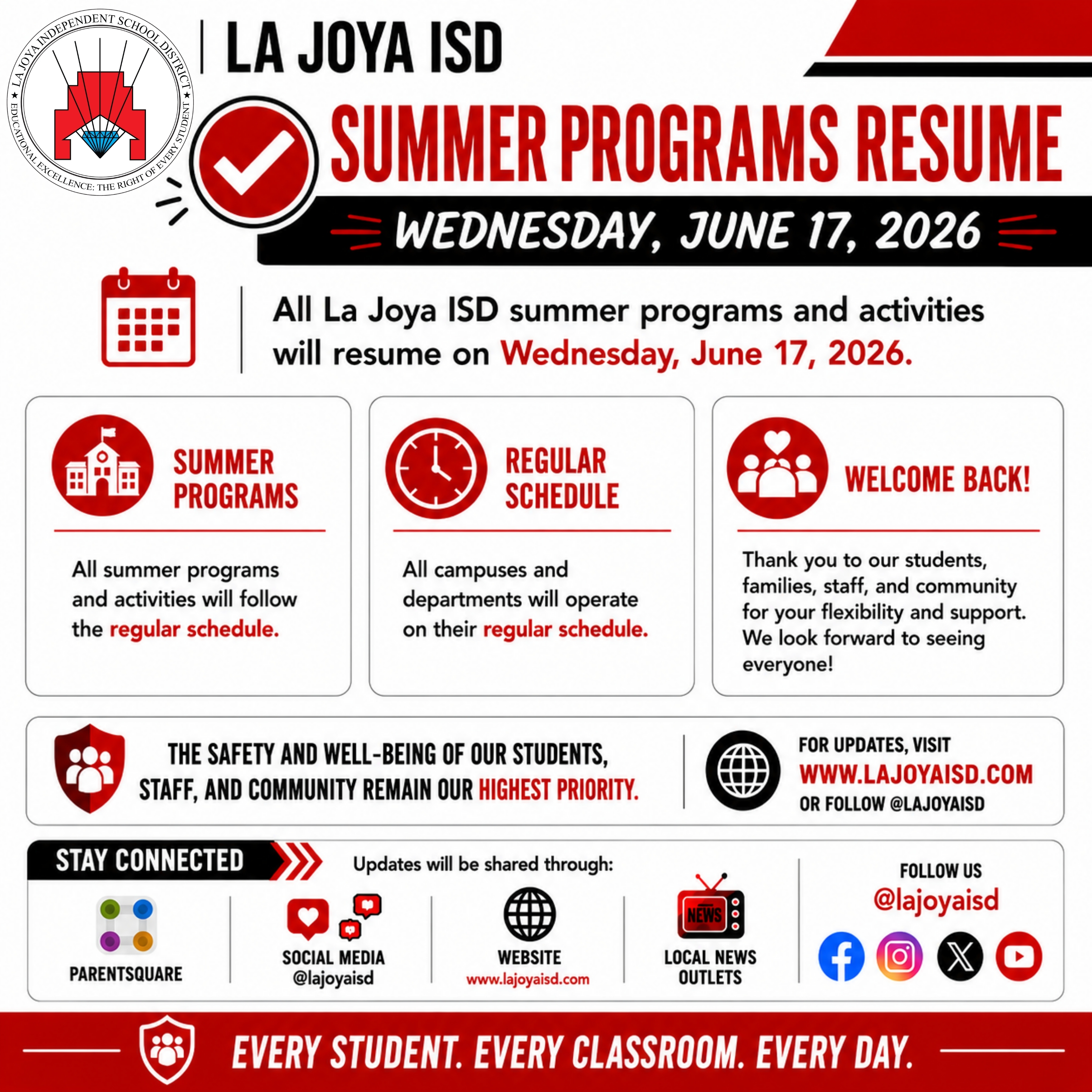 ✅📚 SUMMER PROGRAMS RESUME TOMORROW! ✅📚 ¡LOS PROGRAMAS DE VERANO SE REANUDAN MAÑANA! 📚✅