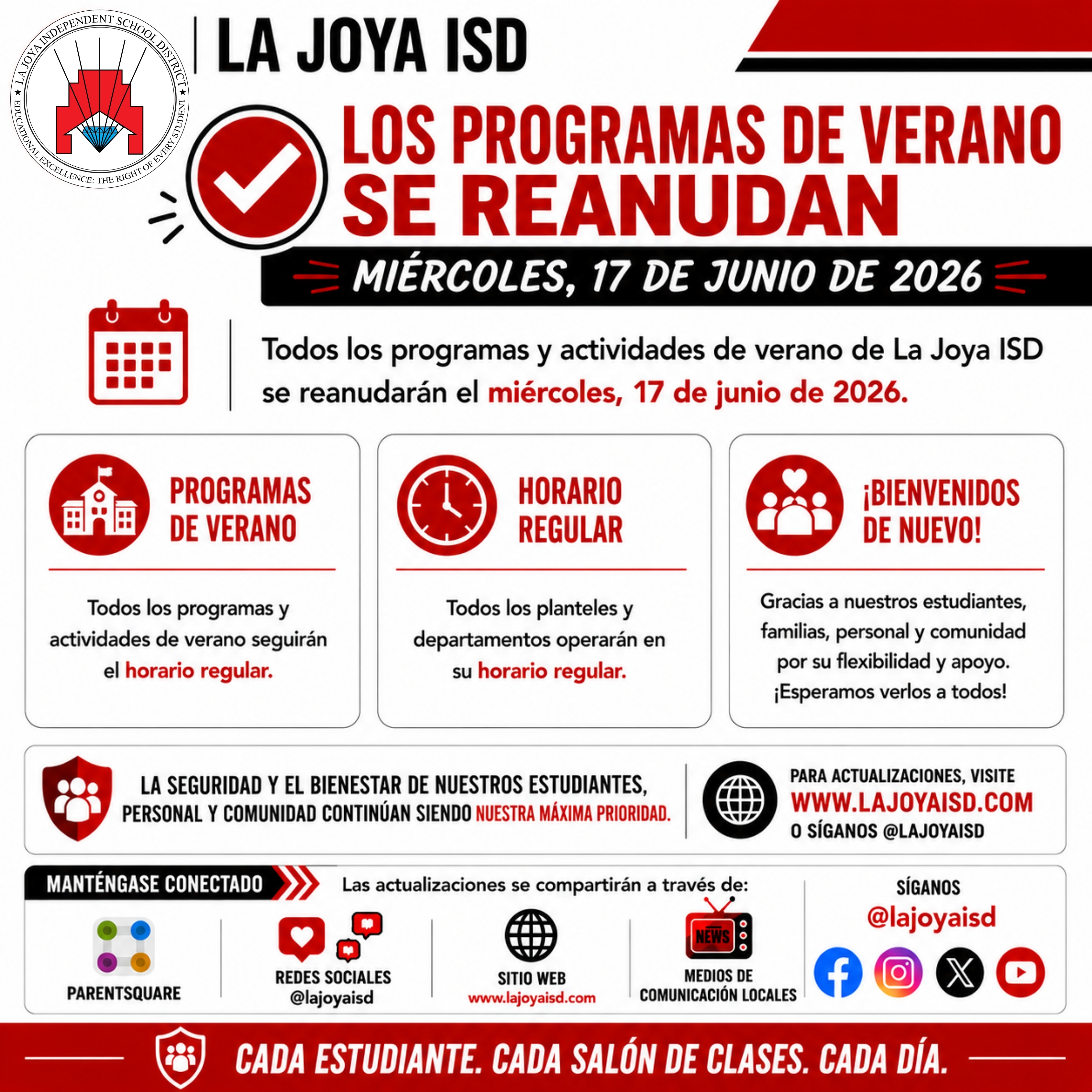 La Joya ISD announces the resumption of summer programs and activities on Wednesday, June 17, 2026.