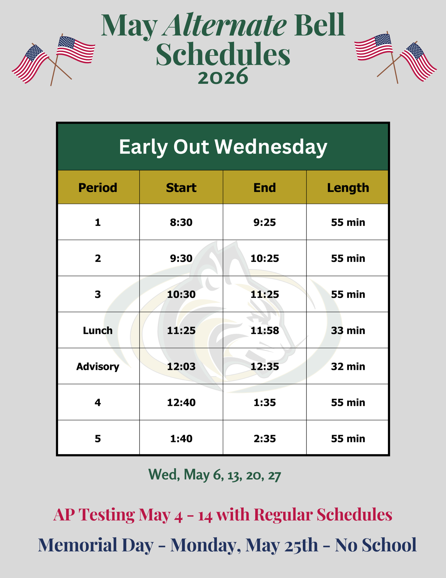 May Alternate Bell Schedules