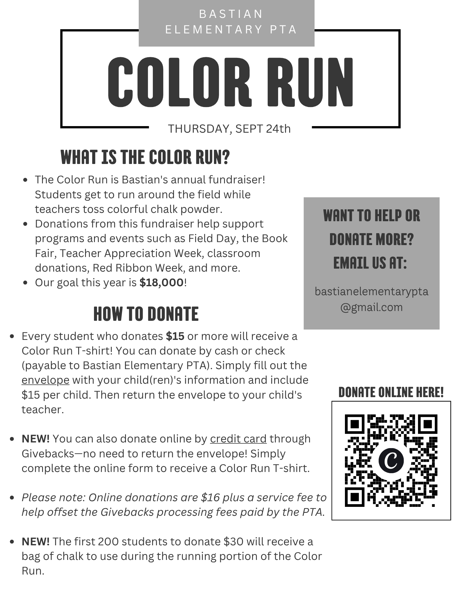 Poster for the Bastian Elementary PTA Color Run on Thursday, September 24th.