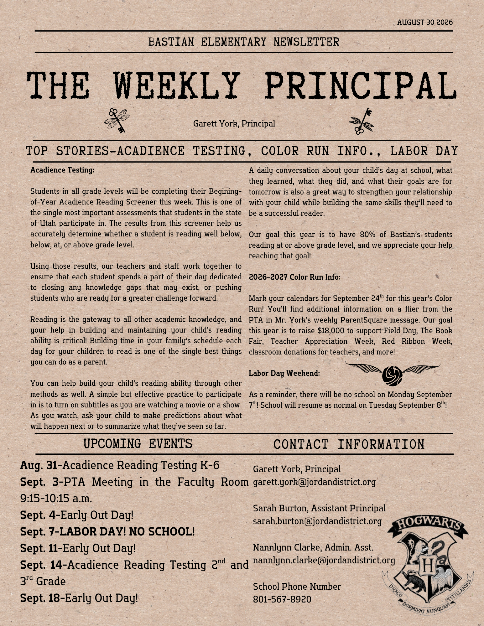 Family Newsletter August 30, 2026