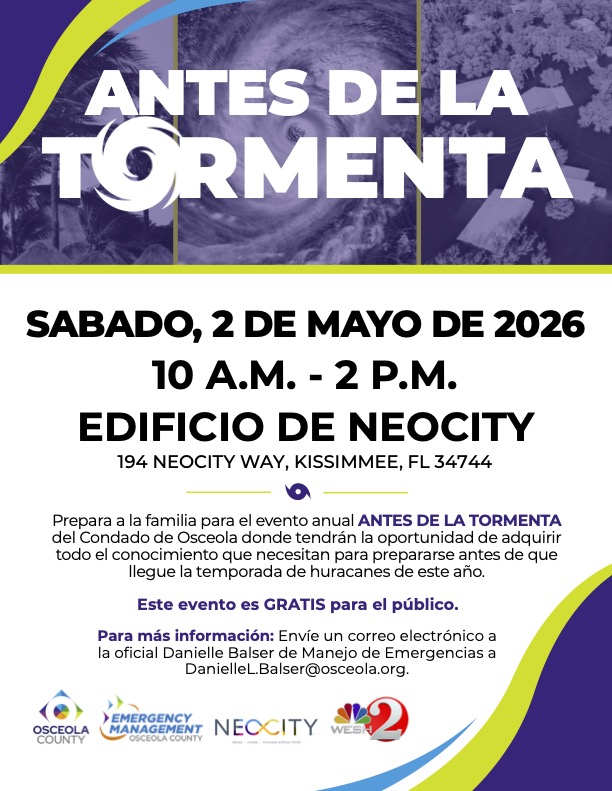 Event poster for 'Antes de la Tormenta' (Before the Storm) on May 2, 2026, in Kissimmee, FL.