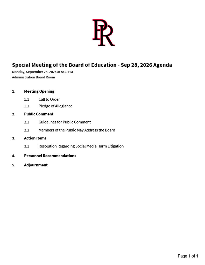Special Board Meeting on Monday, Sep. 28th