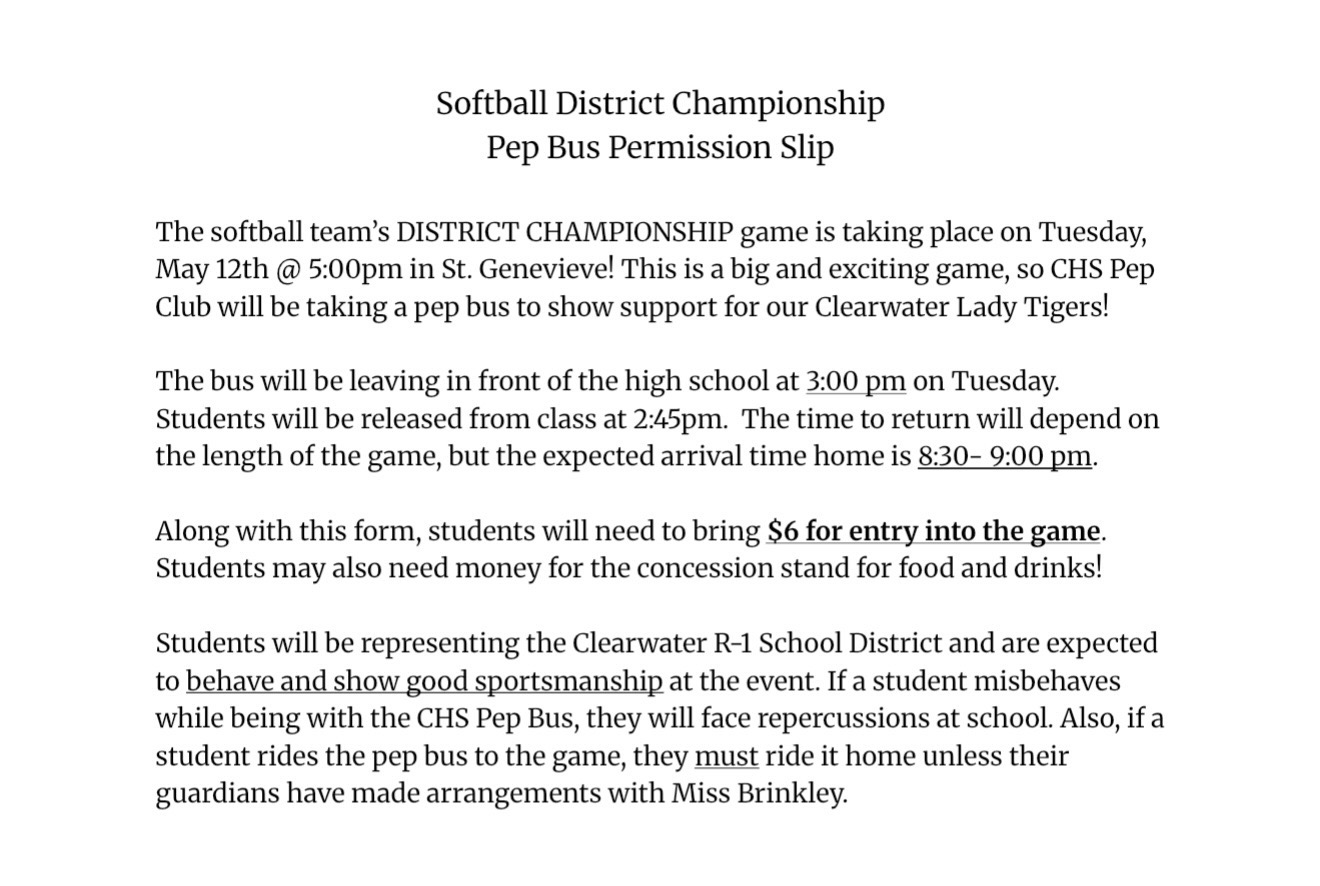 Softball District Championship Game-Pep Club Bus! 