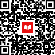 A black and white QR code featuring a red square in the center with a white open book icon.