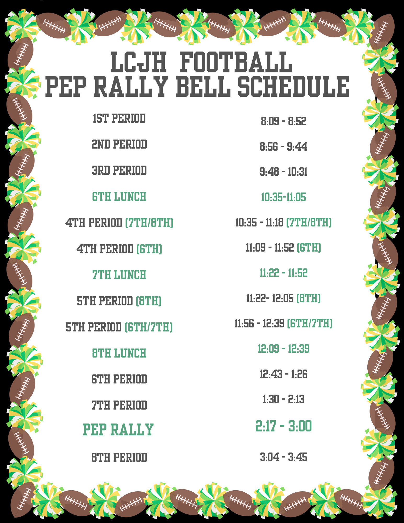 Football Pep Rally Bell schedule