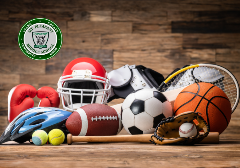 A collection of sports equipment including a football, basketball, soccer ball, tennis rackets, and helmets.