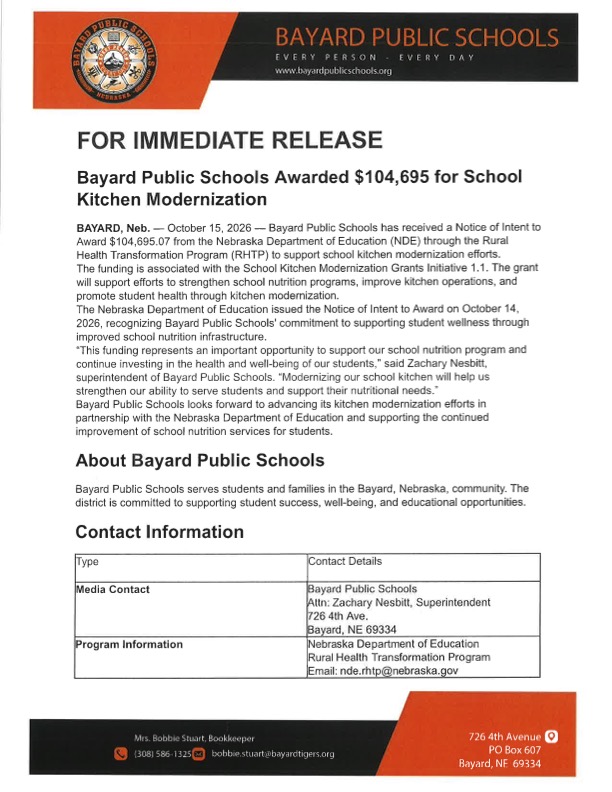 Nebraska Department of Education’s Rural Health Transformation Program Grant Awarded to BPS!