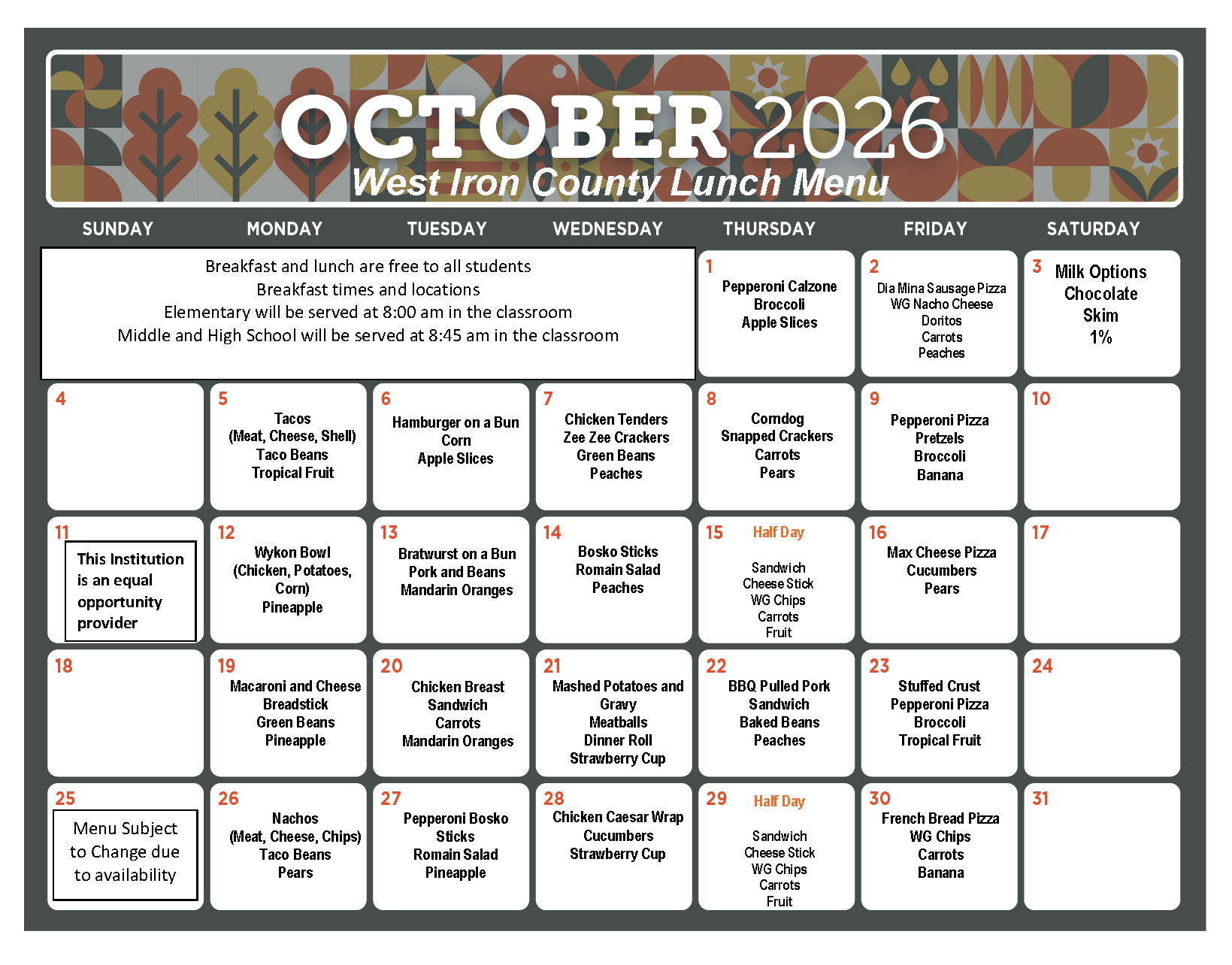 October Lunch Menu