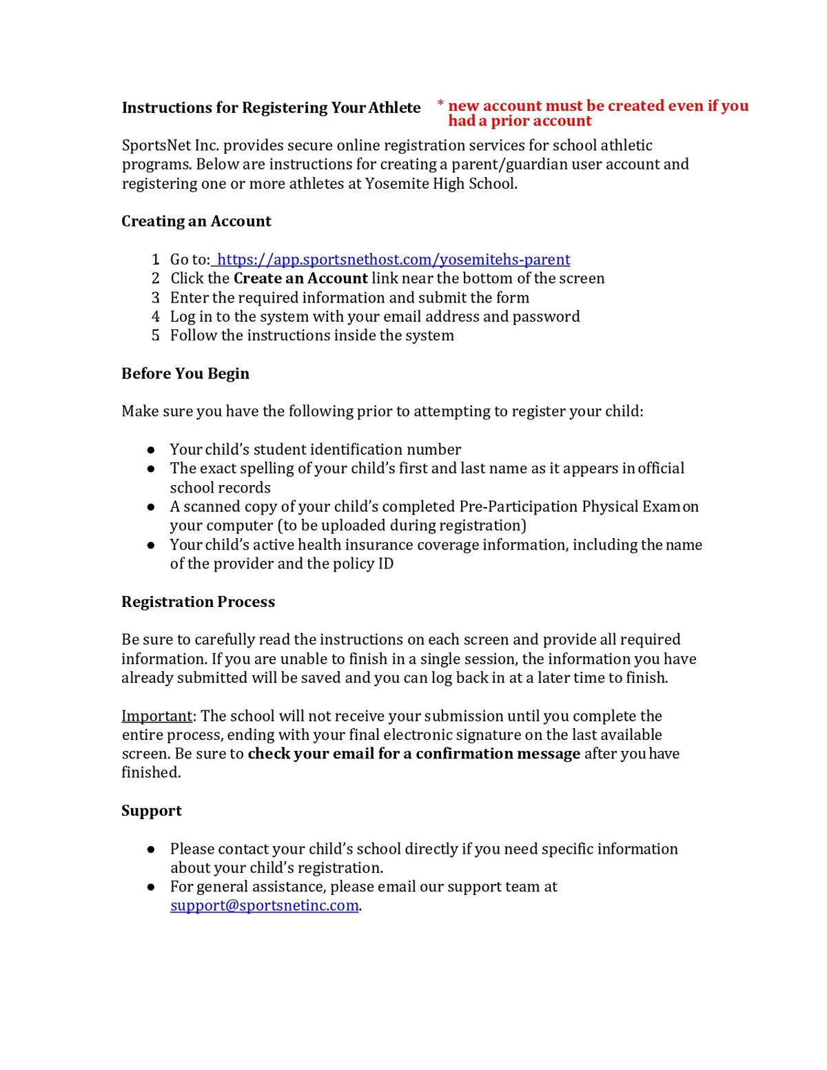 Instructions for registering an athlete with Yosemite High School, including account creation and required information.