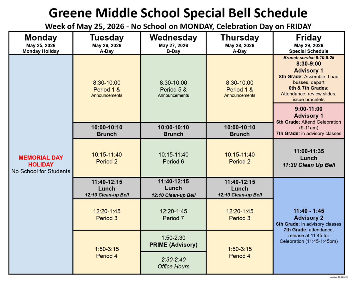 Greene Middle School Special Bell Schedule for the week of May 25, 2026, noting Monday is a holiday.