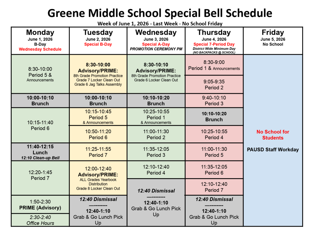 Greene Middle School special bell schedule for the week of June 1, 2026, detailing daily periods and activities.