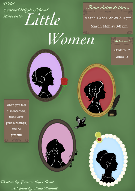WCHS Drama flyer showing Production Little Women happen on 3/12th and 13th @7:00pm, or 3/14 @5:00pm