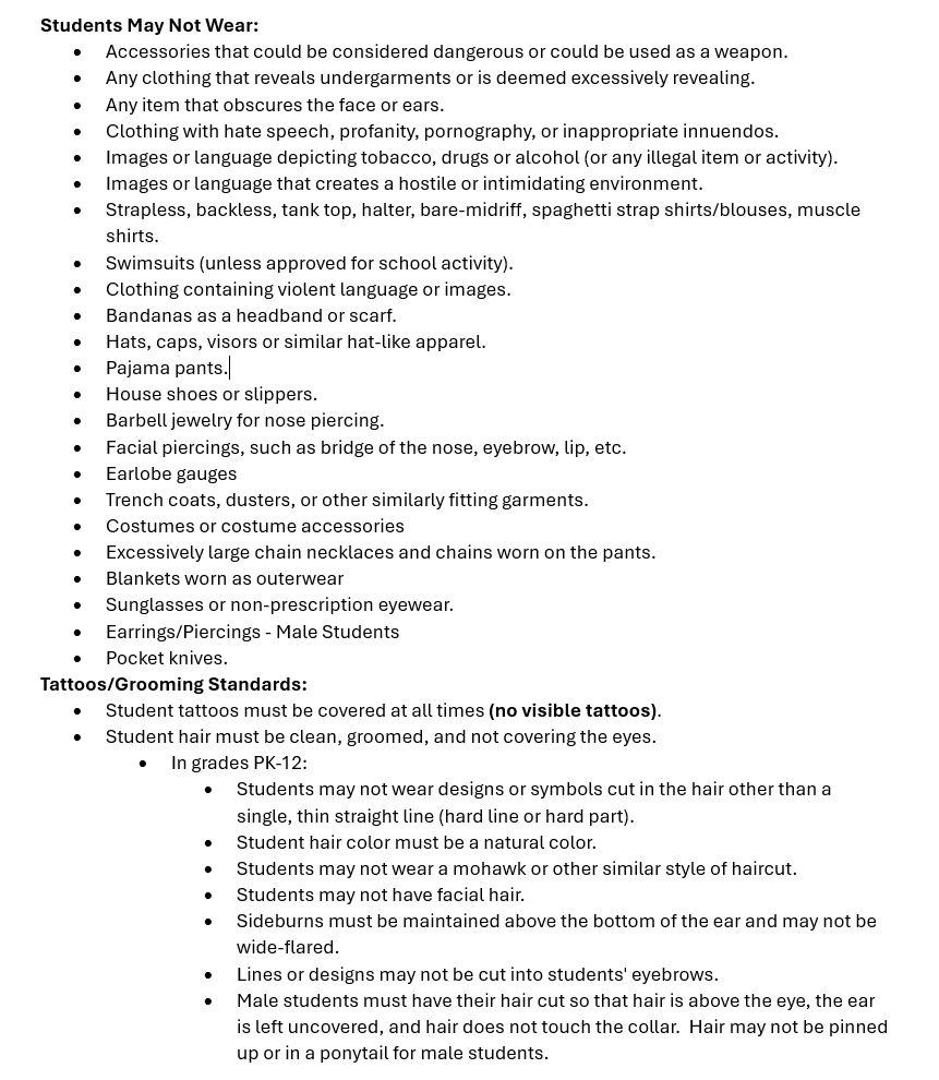 Student Dress Code Reminder