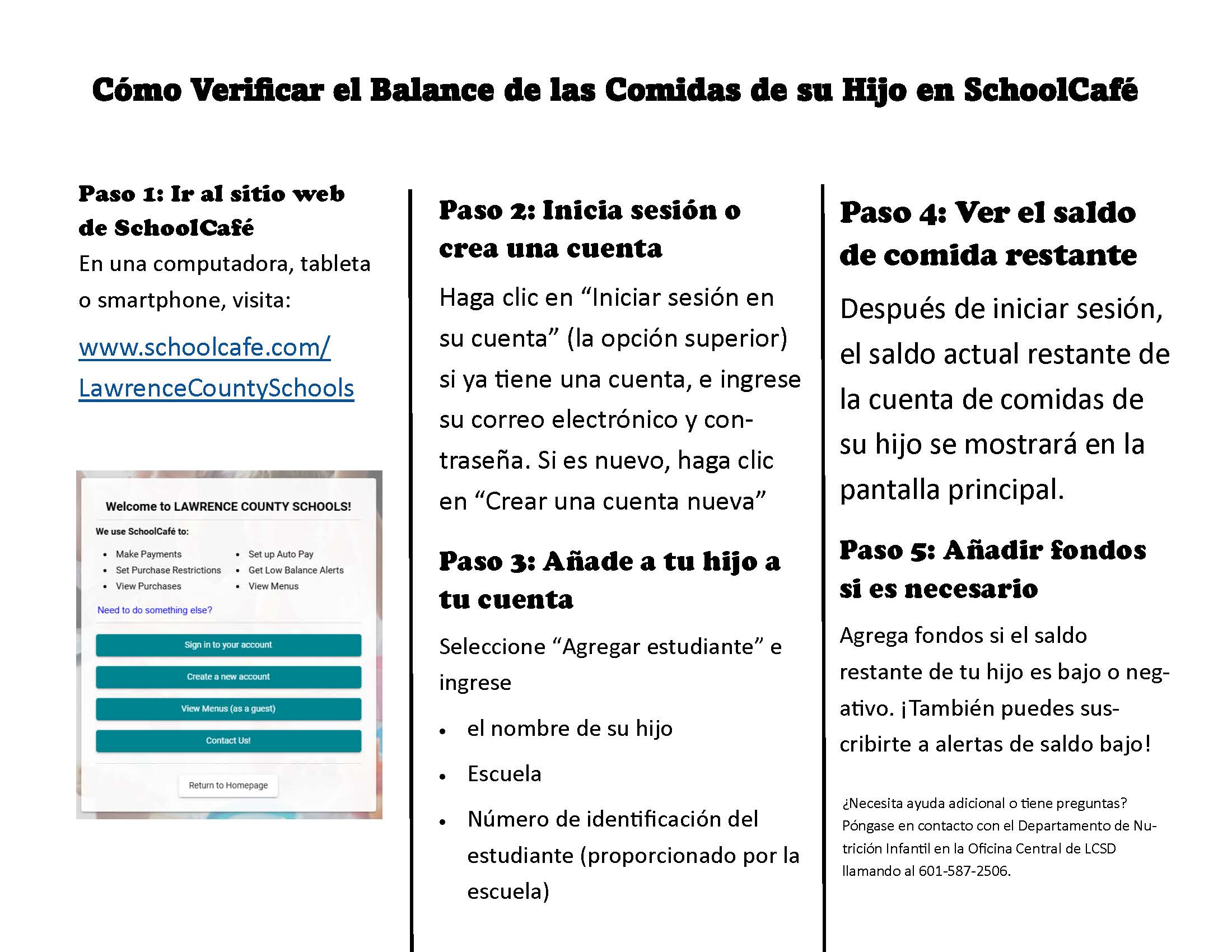 A guide titled 'How to Check Your Child's Meal Balance on SchoolCafé' with five steps.