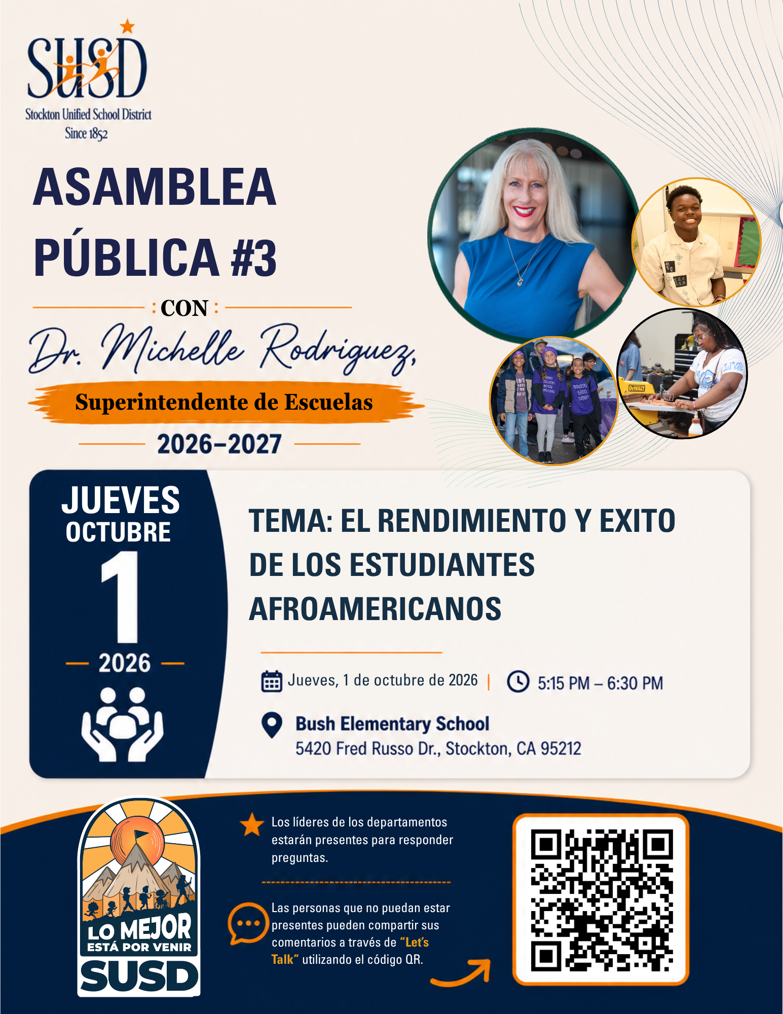 Flyer for Stockton Unified School District Assembly Public #3 with Dr. Michelle Rodriguez, scheduled for October 1, 2026, at Bush Elementary School.