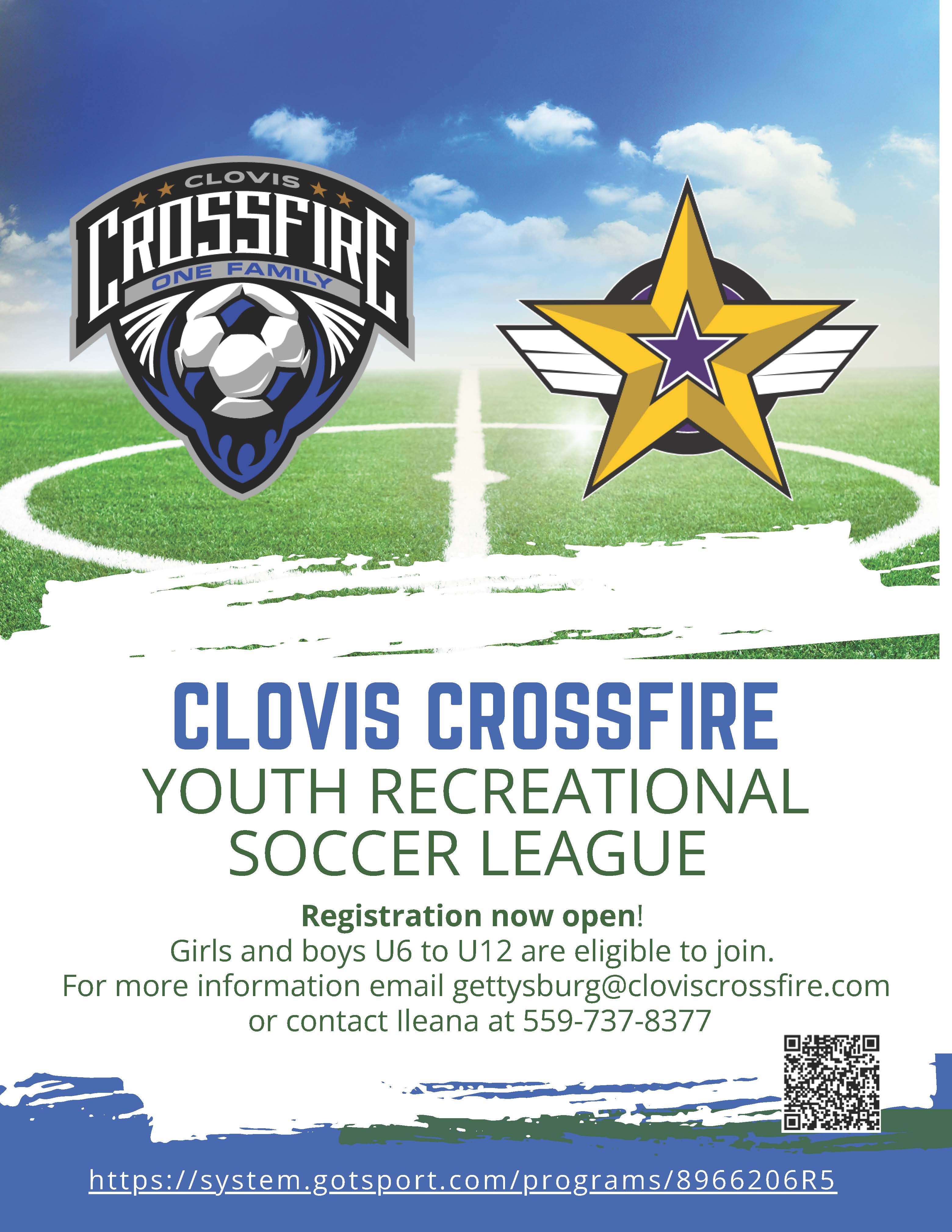 Poster for the Clovis Crossfire Youth Recreational Soccer League, featuring team logos and registration details.
