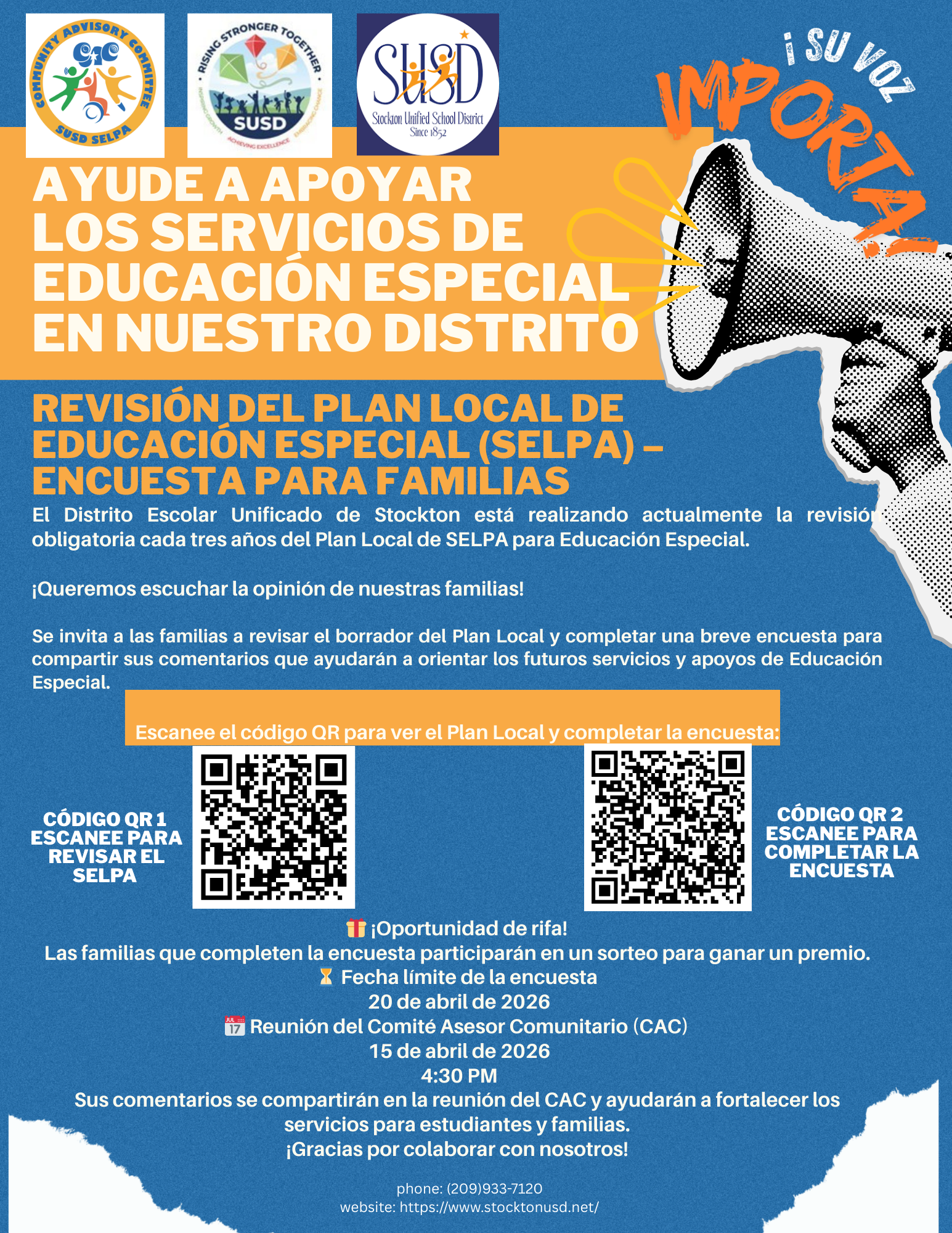 Poster announcing the Stockton Unified School District's review of the Local Plan for Special Education (SELPA) and inviting families to participate in a survey.