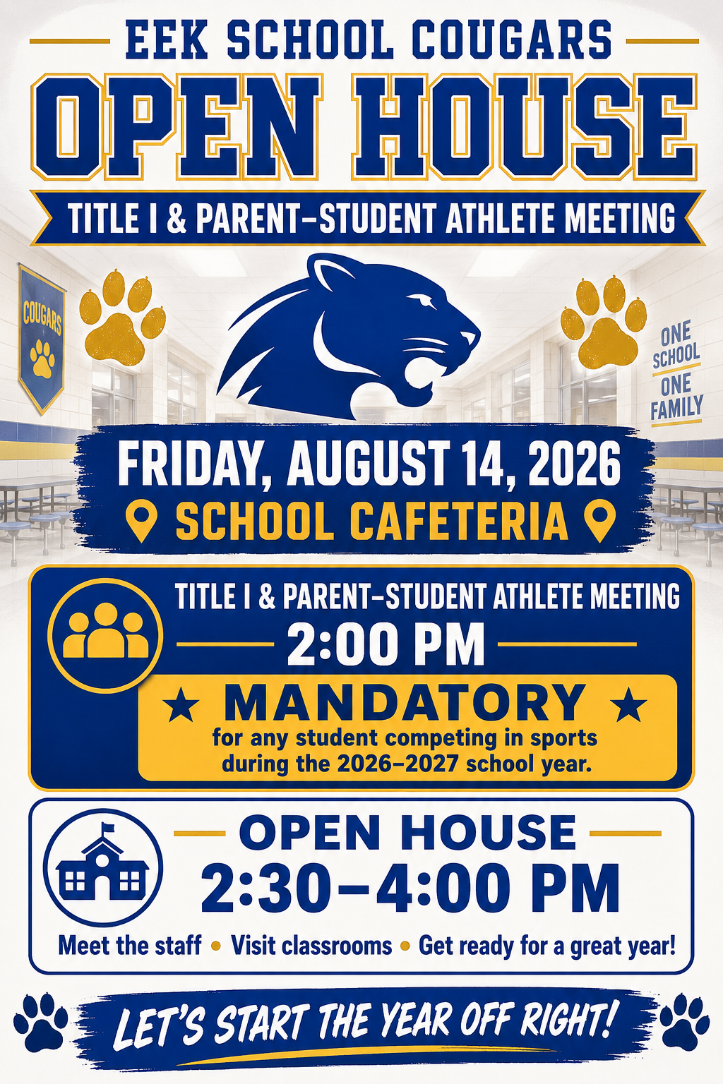 Open House, Title I/Parent-Student Athlete Meeting, Friday, August 14, 2026 at 2pm School Cafeteria