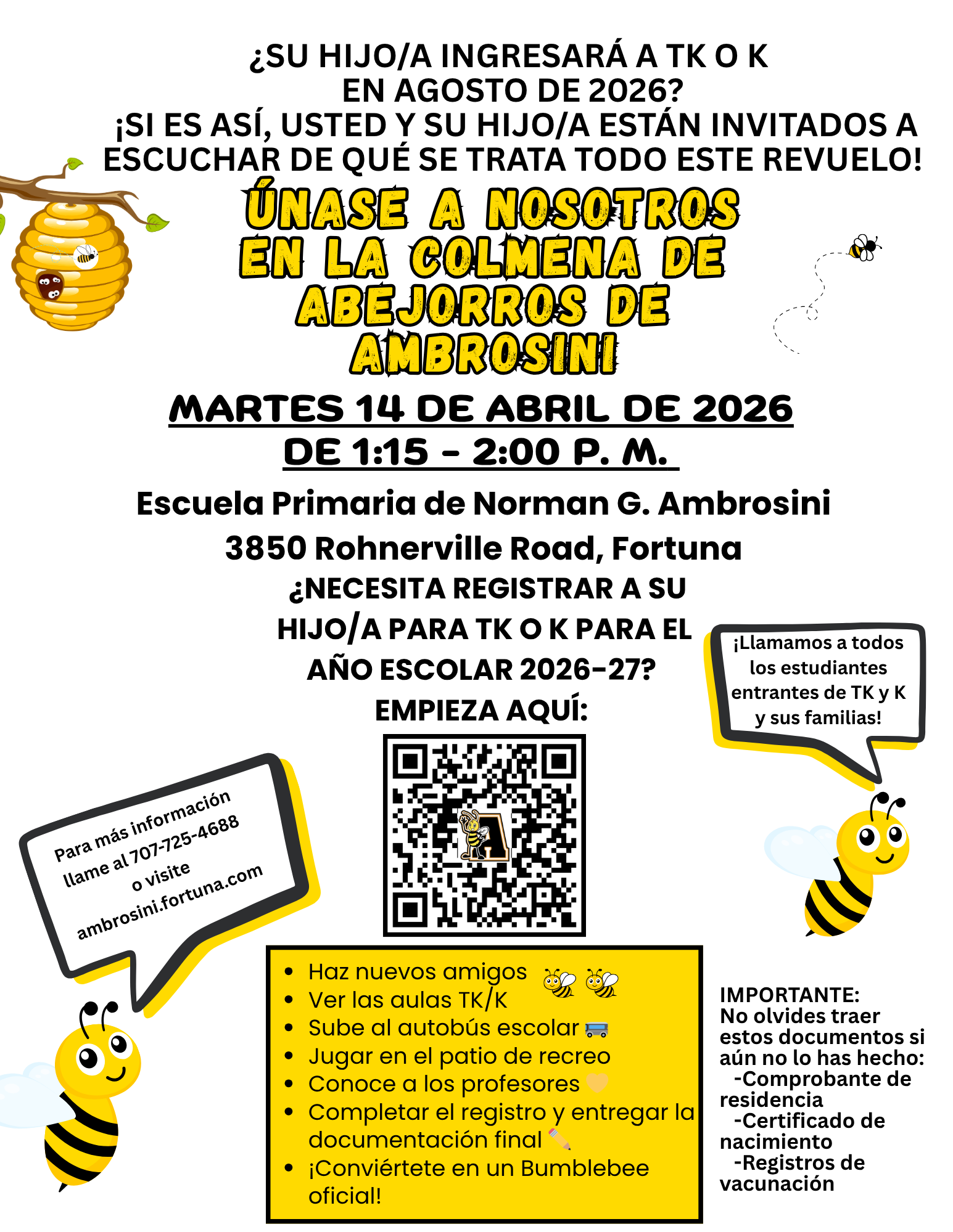 An invitation to an event at Ambrosini Elementary School for parents and children entering TK or K in August 2026.