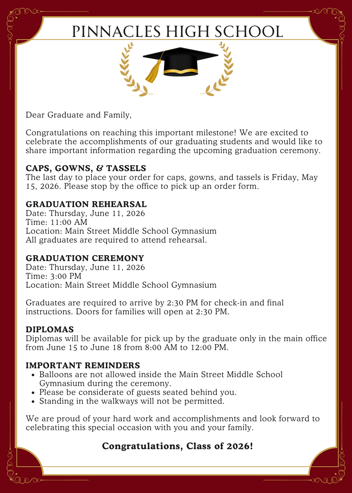 Graduation Ceremony 2026 Information 