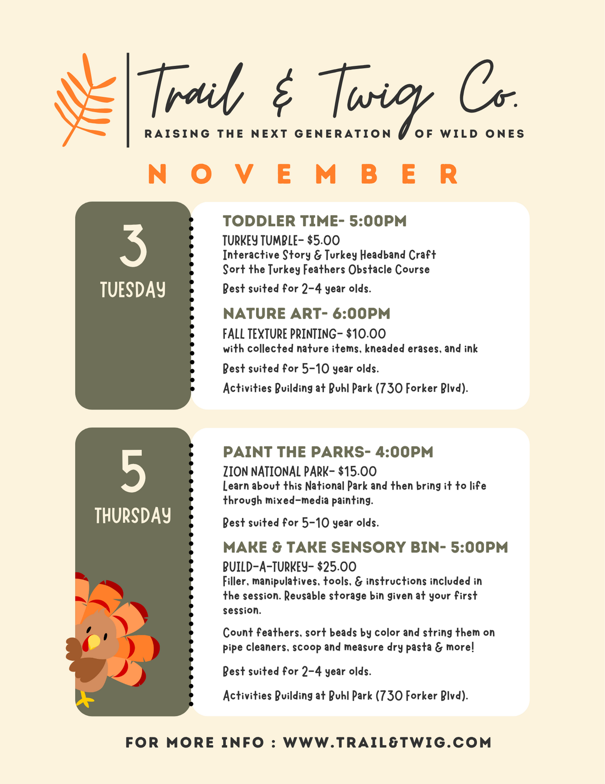 A promotional flyer for Trail & Twig Co. lists children's events for November 3rd and 5th.