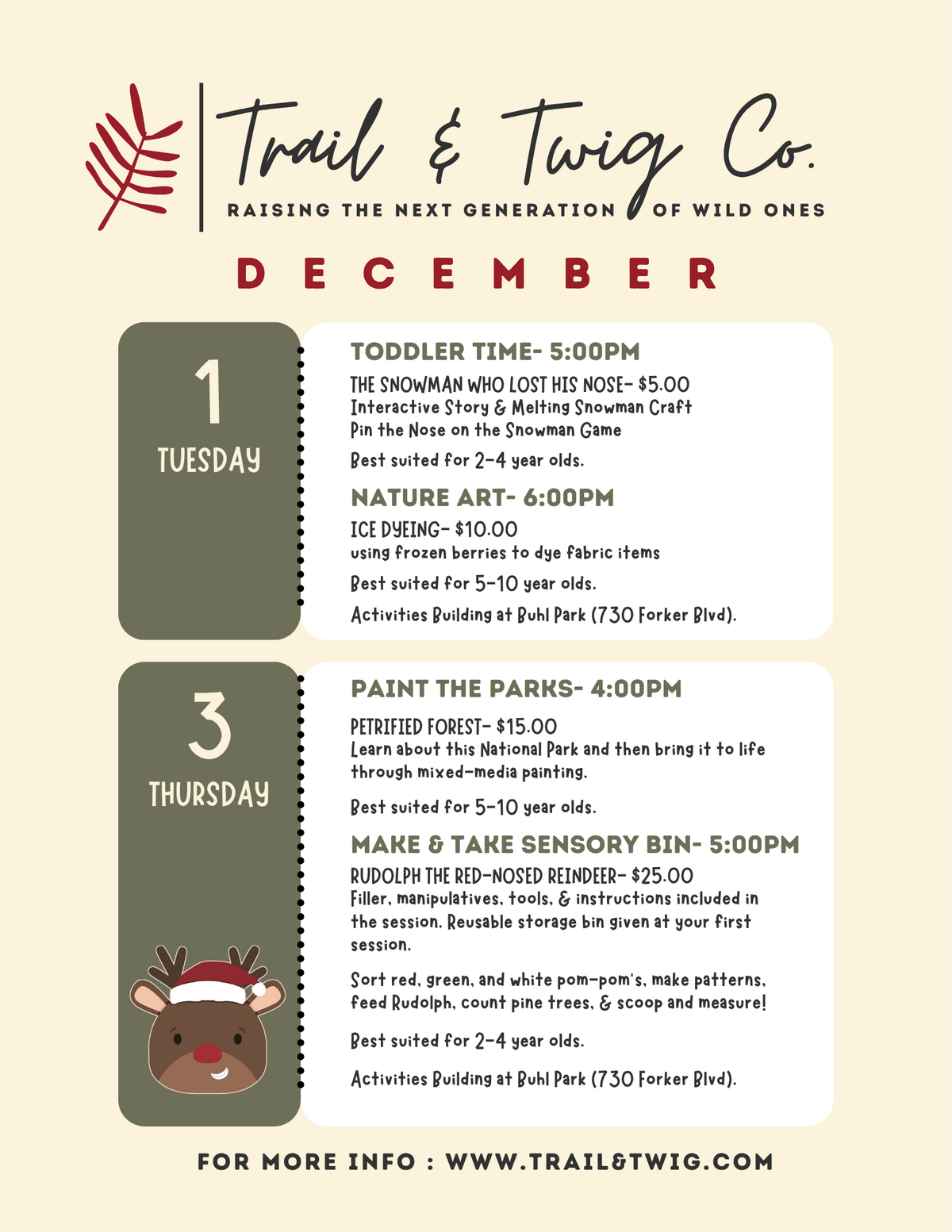 A December event flyer for Trail & Twig Co. listing children's activities for Tuesday the 1st and Thursday the 3rd.