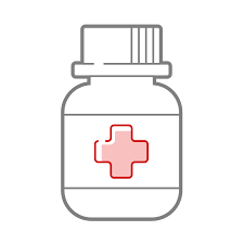 A stylized illustration of a white pill bottle with a red cross symbol on its label.