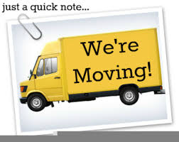 A yellow moving truck with "We're Moving!" written on its side, attached to a note with a paperclip.