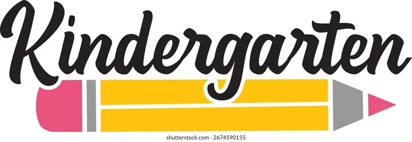 The word 'Kindergarten' is written in a playful black script font above a yellow pencil with a pink eraser and tip.