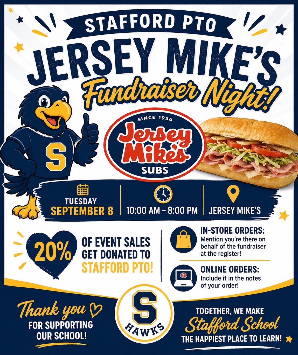 🍽️🥪 Stafford PTO Jersey Mike's Fundraiser Night Next Week 🥪🍽️