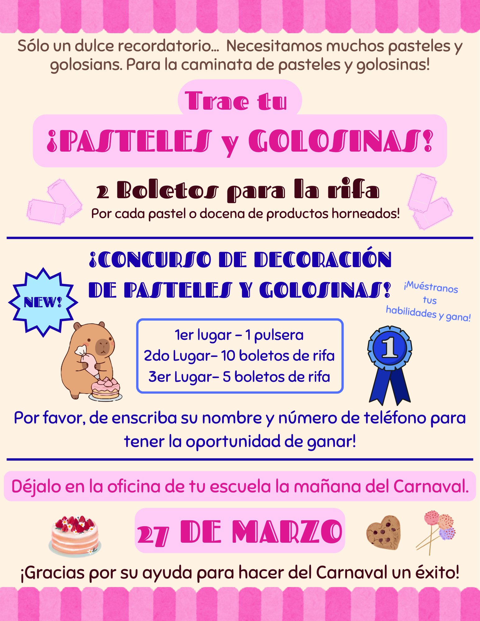 A colorful flyer announces a "Pastel and Sweets Decoration Contest" with prizes and a raffle.