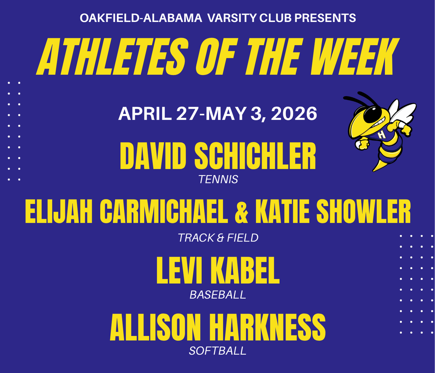 OA VARSITY CLUB - ATHLETES OF THE WEEK - APRIL 27 - MAY 3, 2026