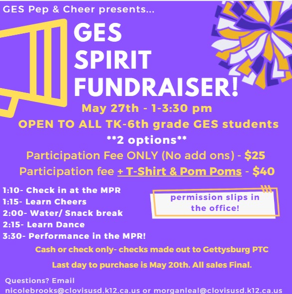 Flyer announcing the GES Spirit on May 27th, from 1-3:30 pm, for TK-6th grade GES students.