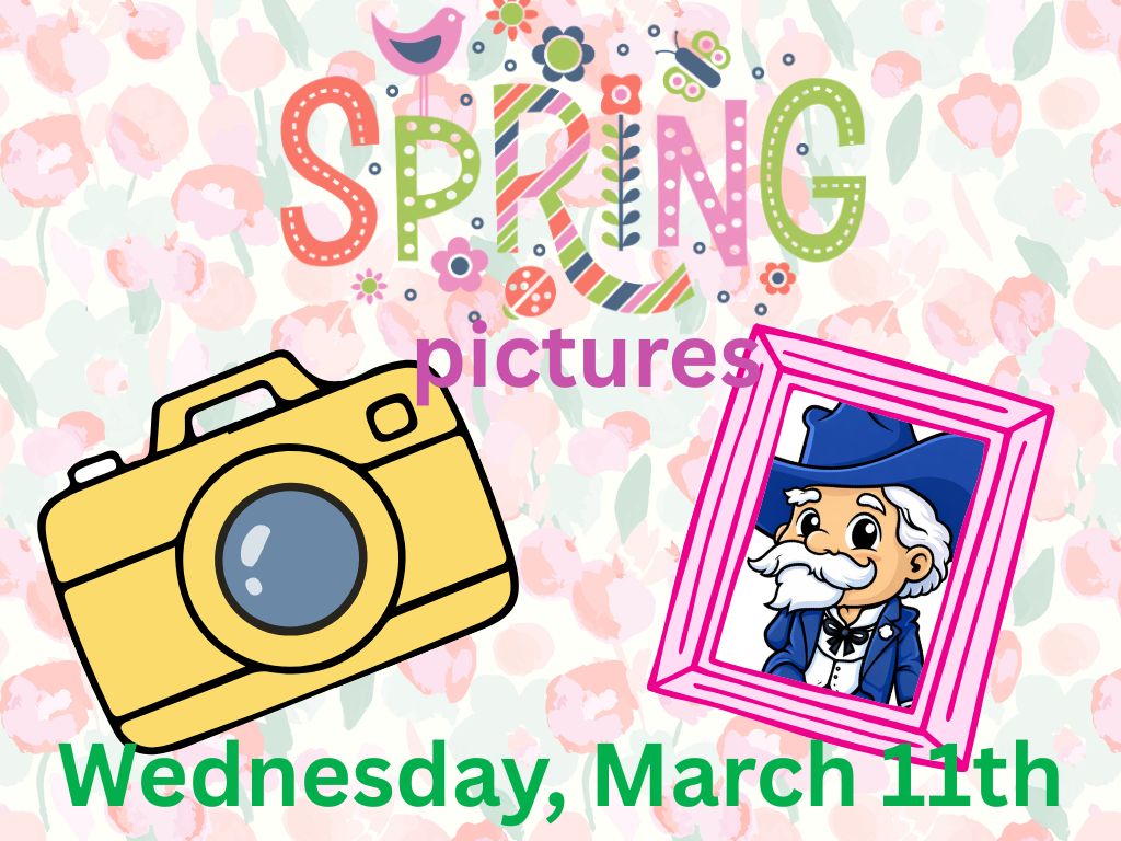 A yellow cartoon camera and a framed picture of a man with a mustache are displayed on a floral background with the text 'SPRING pictures'.