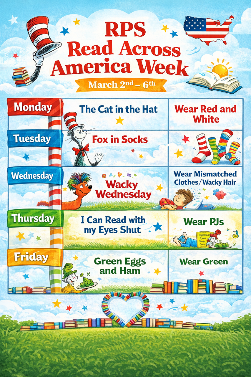 A colorful chart outlines RPS Read Across America Week activities from March 2nd-6th, featuring Dr. Seuss characters and themed dress days.