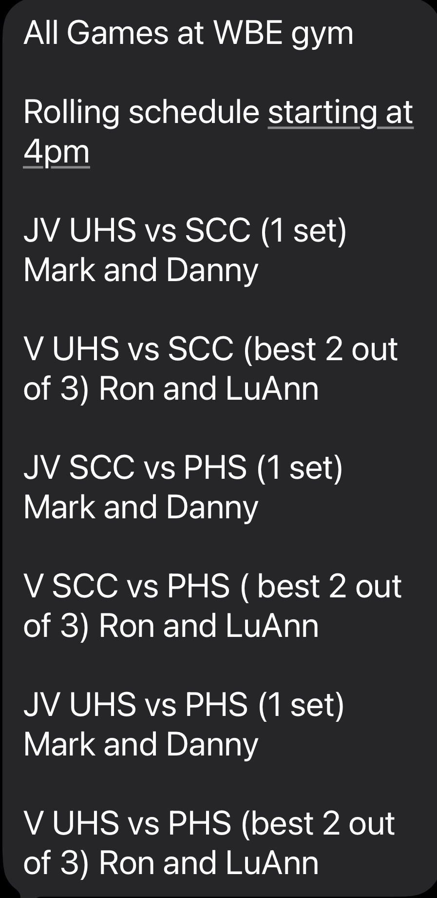 Updated volleyball start time & schedule for 9/1