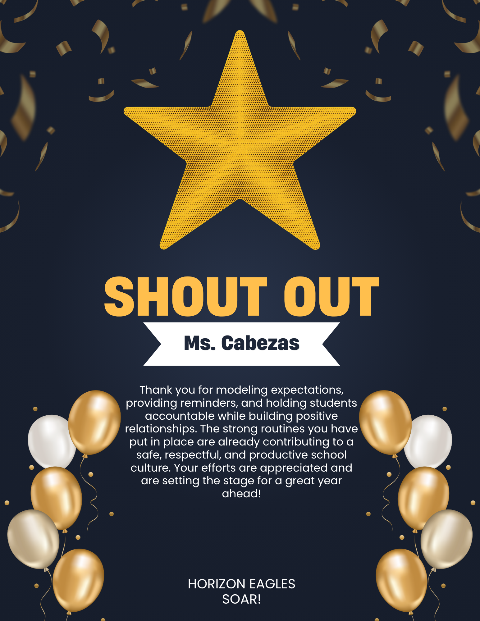 A 'Shout Out' graphic with a large gold star, confetti, and balloons, honoring Ms. Cabezas.