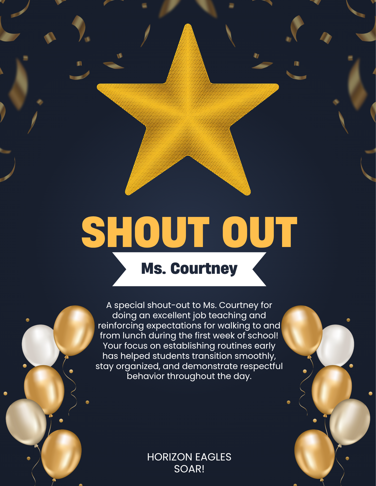 A celebratory graphic with the text 'SHOUT OUT Ms. Courtney' and a large golden star.