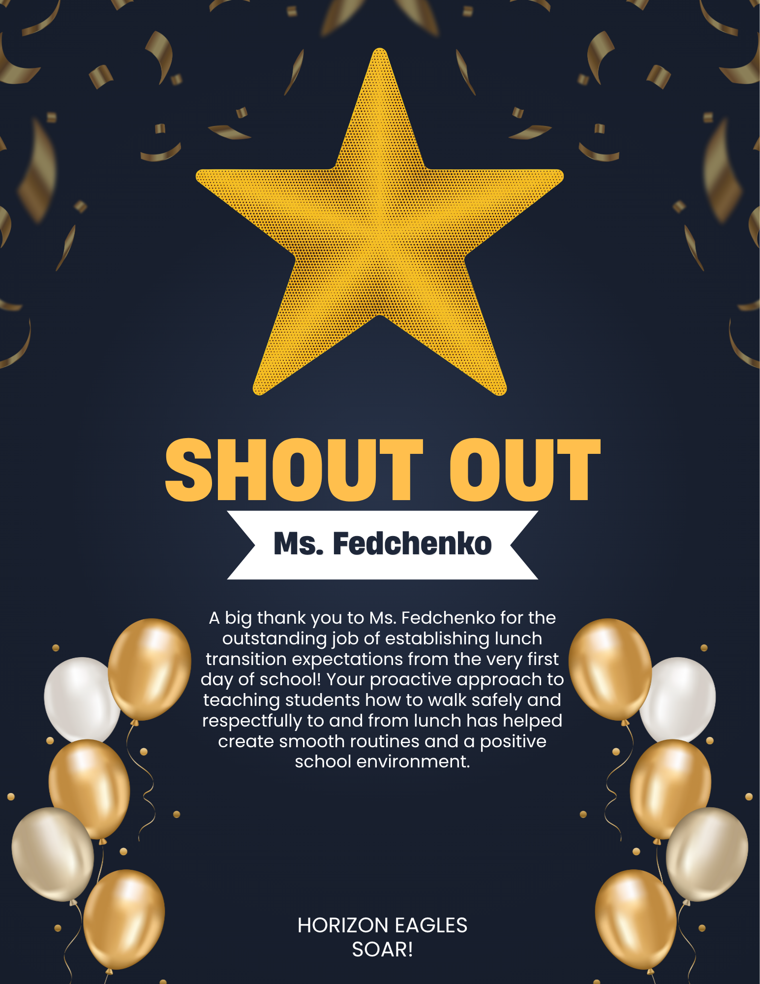 A 'Shout Out' graphic congratulates Ms. Fedchenko with a large golden star and falling confetti.