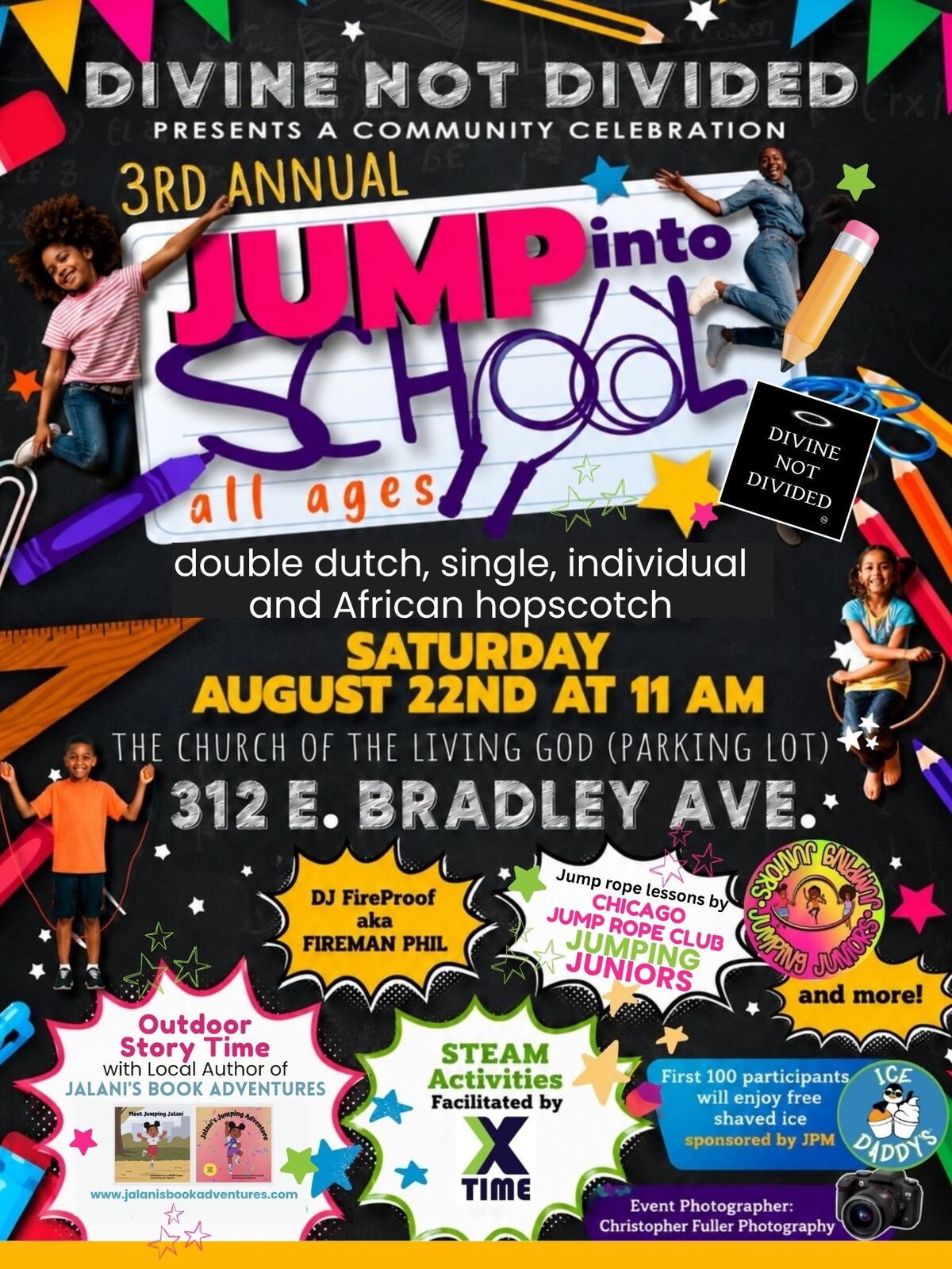 A flyer announces the 3rd Annual 'Jump Into School' community celebration by Divine Not Divided, featuring hopscotch and jump rope activities.