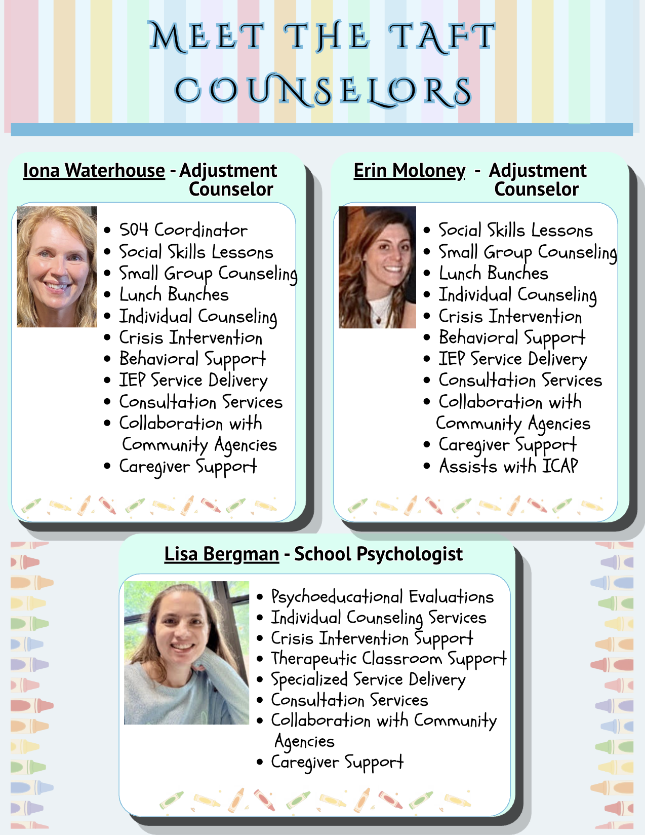A colorful flyer titled 'Meet the Taft Counselors' introduces three staff members with their photos and roles.