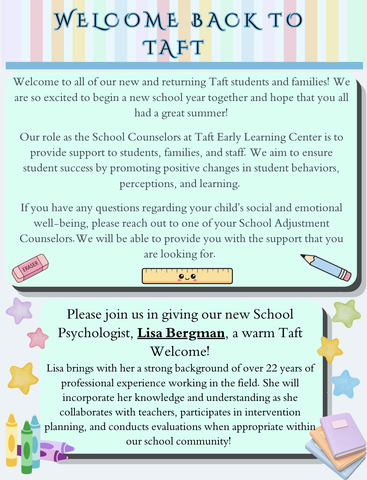 A welcome flyer from Taft Early Learning Center introducing the school counselors and new psychologist, Lisa Bergman.