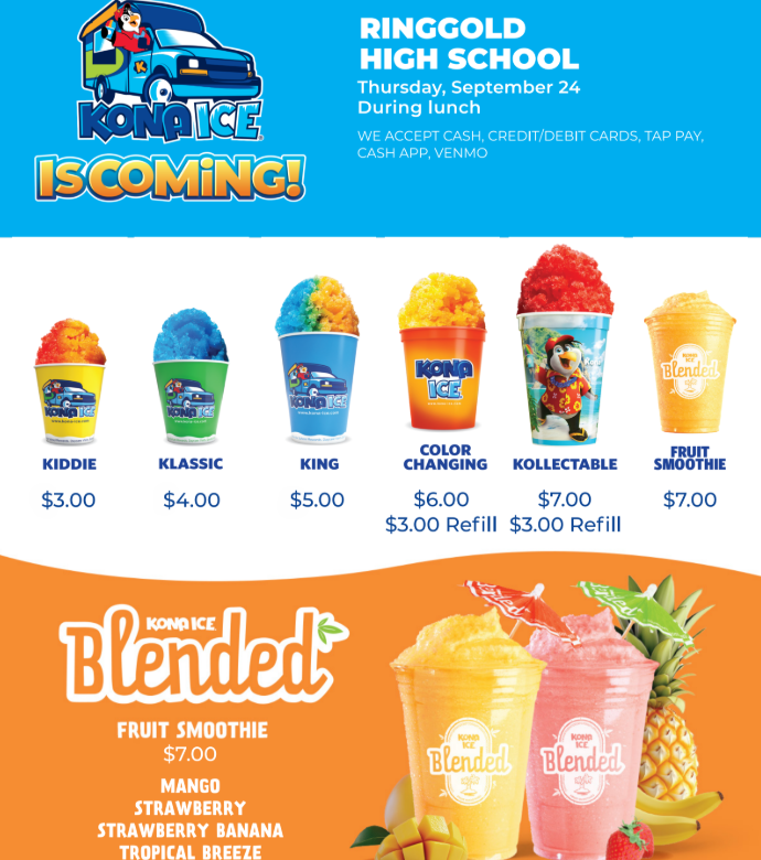 🍧🐅 Kona Ice is Coming to RHS This Thursday, Sept. 24th! 🍧🐅