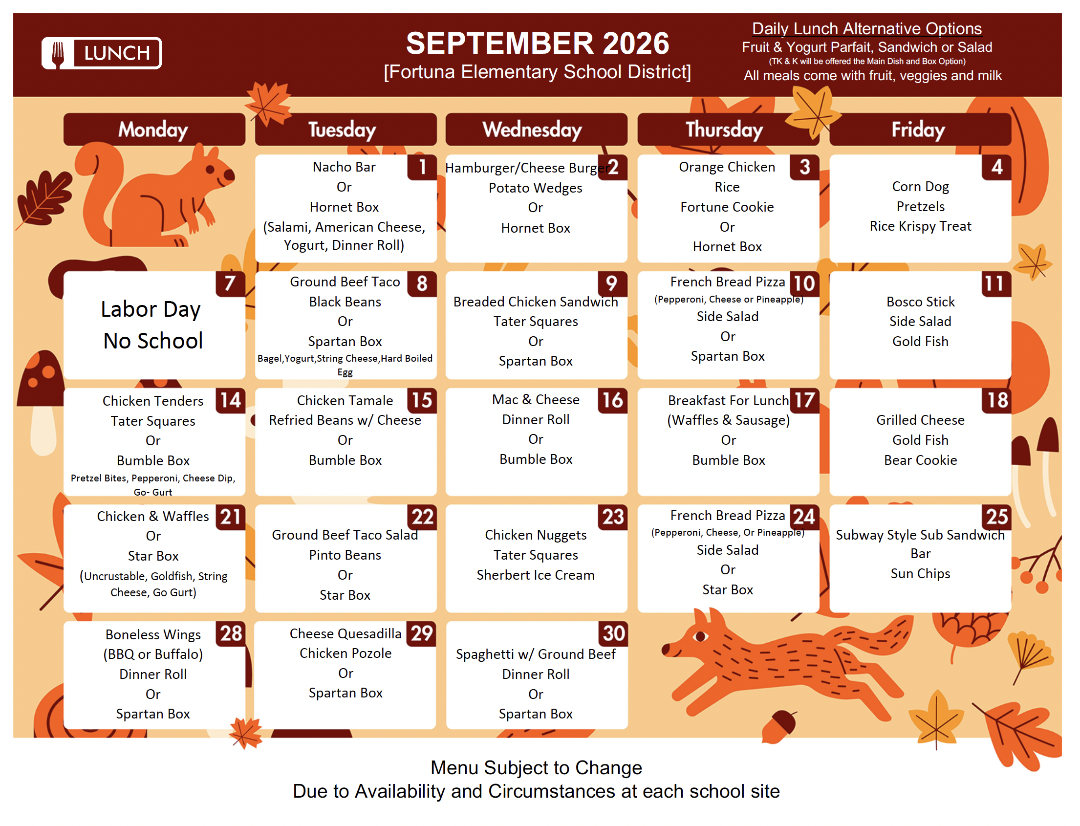 September 2026 lunch menu for Fortuna Elementary School District, featuring daily meal options and alternative choices.